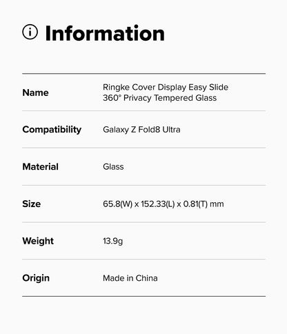 Ringke Privacy Easy Slide 360Â° Cover Display Tempered Glass Protector for Galaxy Z Fold 8 Ultra