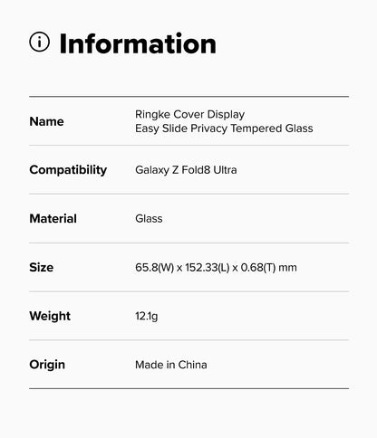 Ringke Privacy Easy Slide Cover Display Tempered Glass Screen Protector for Samsung Galaxy Z Fold 8 Ultra
