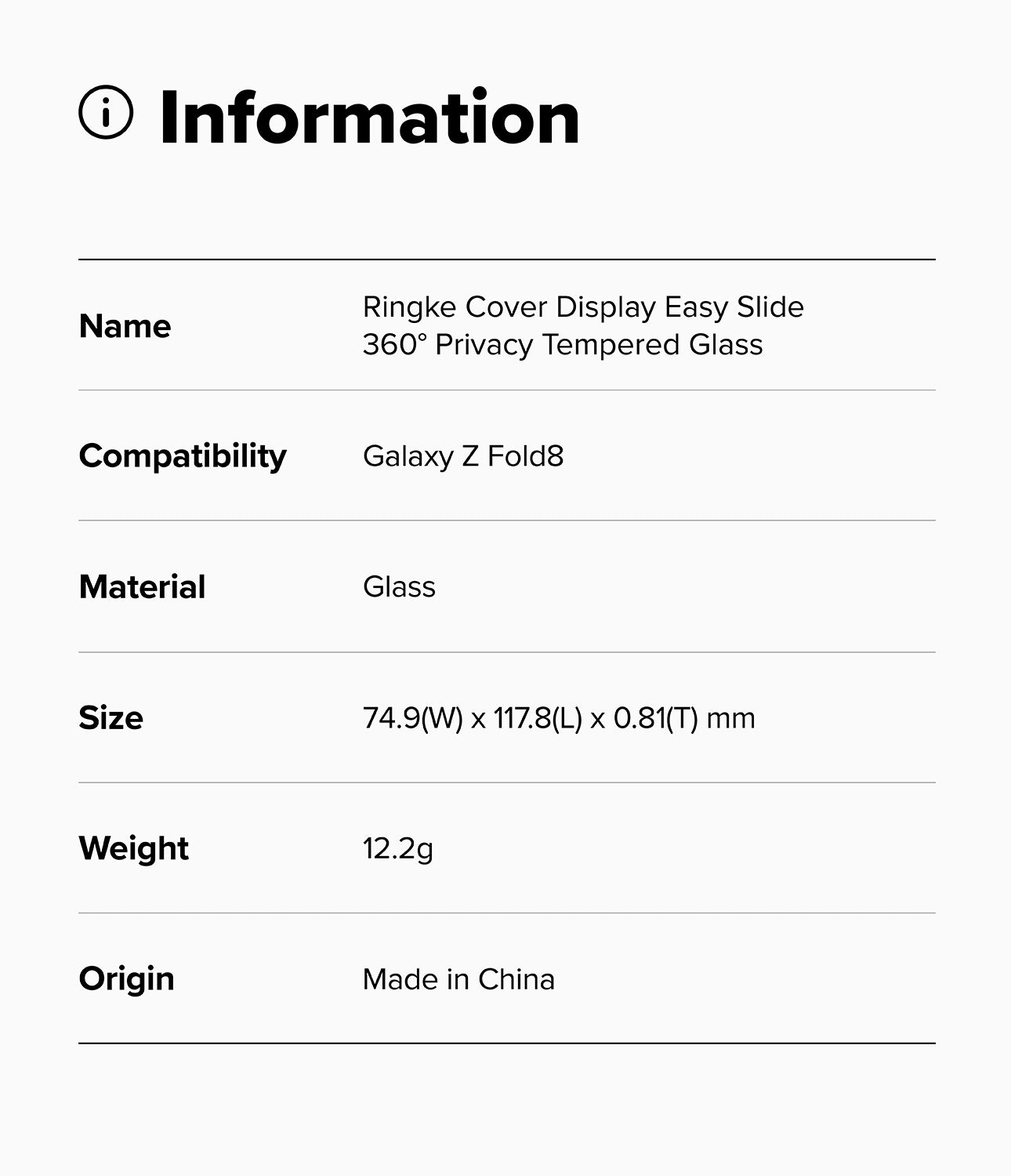Ringke Privacy 360° Easy Silde Cover Display Tempered Glass Screen Protector for Samsung Galaxy Z Fold 8