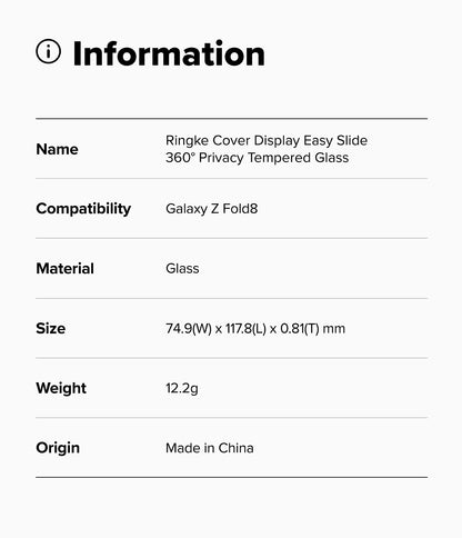 Ringke Privacy 360° Easy Silde Cover Display Tempered Glass Screen Protector for Samsung Galaxy Z Fold 8
