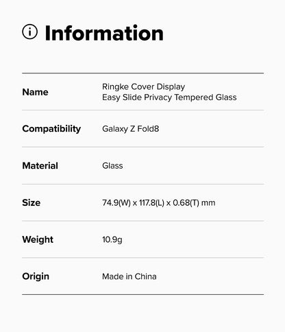 Ringke Privacy Easy Silde Cover Display Tempered Glass Screen Protector for Samsung Galaxy Z Fold 8