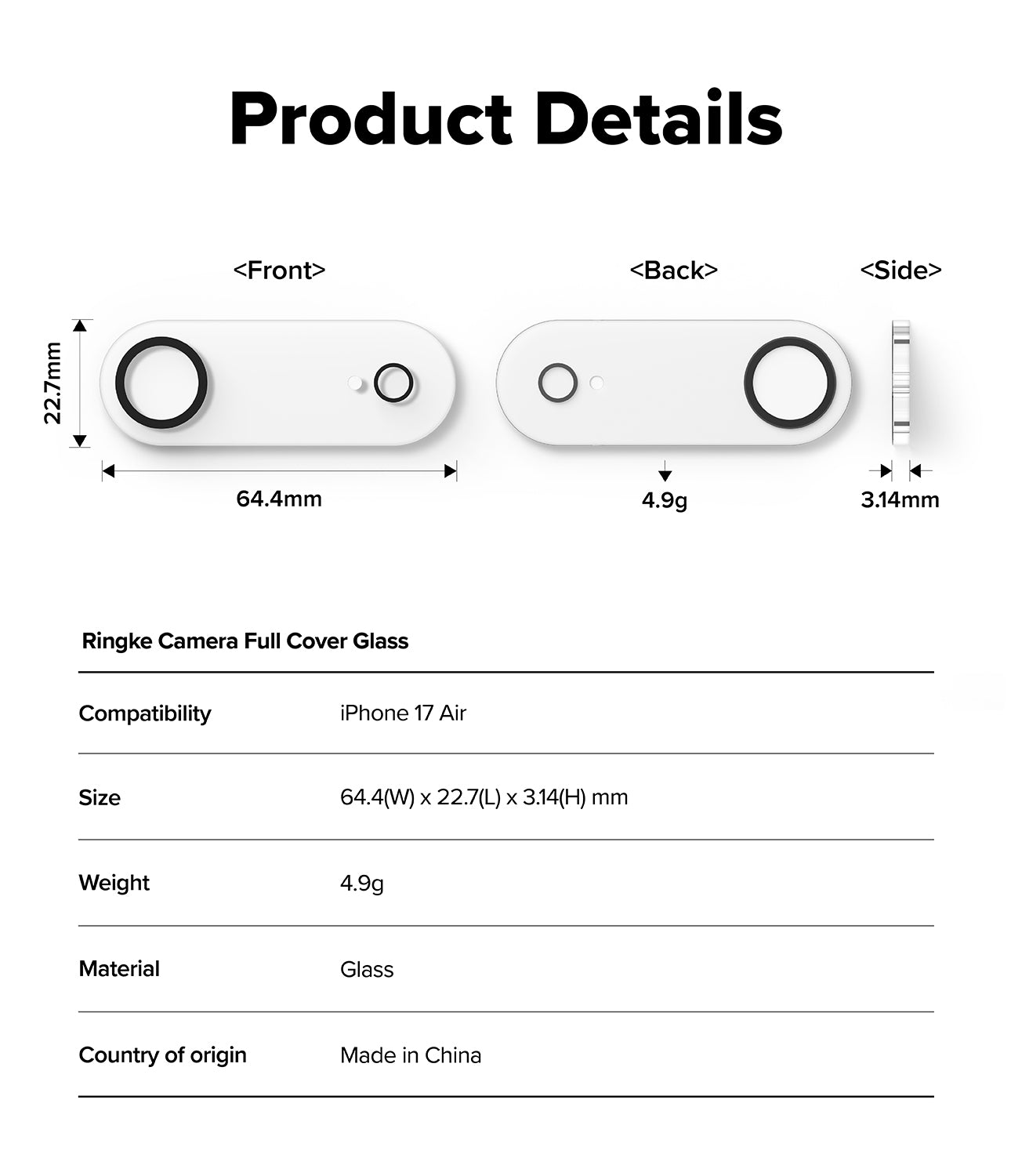 Ringke Camera Full Cover Tempered Glass Protector for Apple iPhone 17 Air