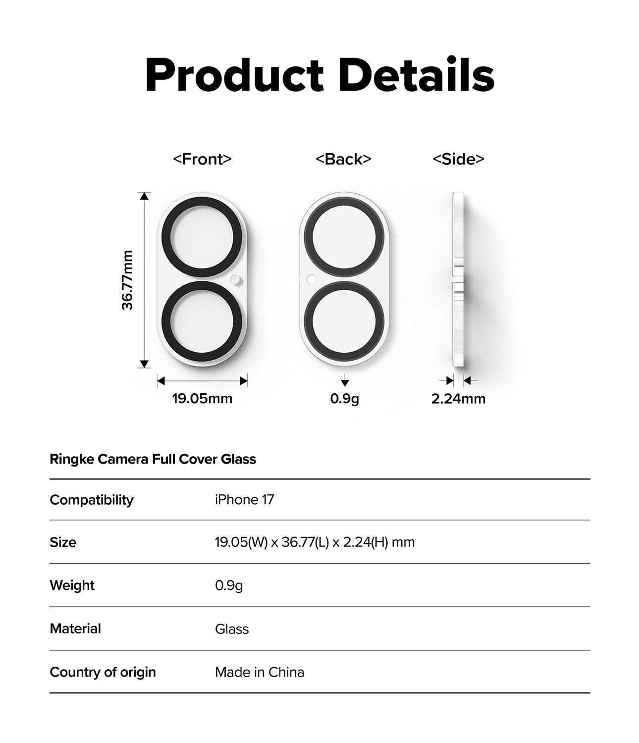 Ringke Camera Full Cover Tempered Glass Protector for Apple iPhone 17