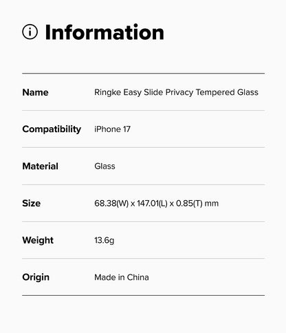 Ringke Privacy Easy Slide Tempered Glass Screen Protector for Apple iPhone 17