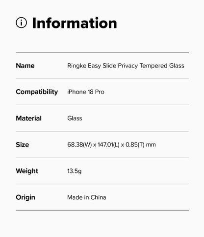 Ringke Privacy Easy Slide Tempered Glass Screen Protector for Apple iPhone 18 Pro